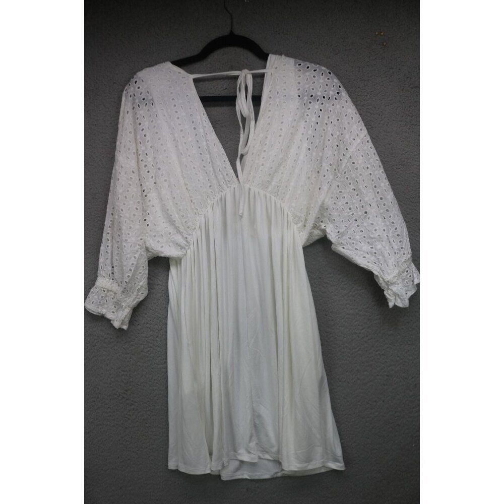 Ninexis White Eyelet Short Sleeve Babydoll Mini Dress-Medium-Pockets-Cottagecore - Picture 9 of 13
